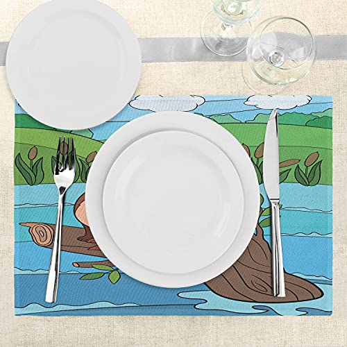 Lunarable Otter Place Mats Set Of 4, Vibrant Colored Cartoon Image Of Otter Sitting On A Tree Branch In Overflowing River, Washable Fabric Placemats For Dining Room Kitchen Table Decor, Multicolor #TOP2