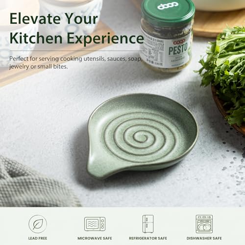Image of LAUCHUH Spoon Rest, 5-Inch Ceramic Spoon Holder, Heavy Duty Heat Resistant Ladle Holder for Stove Top, Decorative Kitchen Decor, Dishwasher Safe, Sage Green