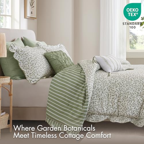 Image of Madison Park Reversible Botanical Comforter Set, 5PC Queen Bedding Set | Summer Floral Print Bed Set with Scalloped Edges, Lightweight Bedding with Decorative Pillows, Sage Green