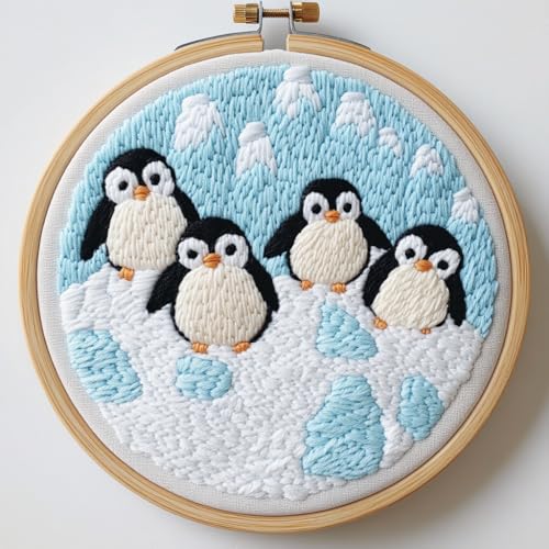 Punch Needle Kit for Beginners, Punch Stitching Kit for Adults, Needle Punch Kits for Adults, A Group of Penguins Embroidery Set for DIY Art Crafts