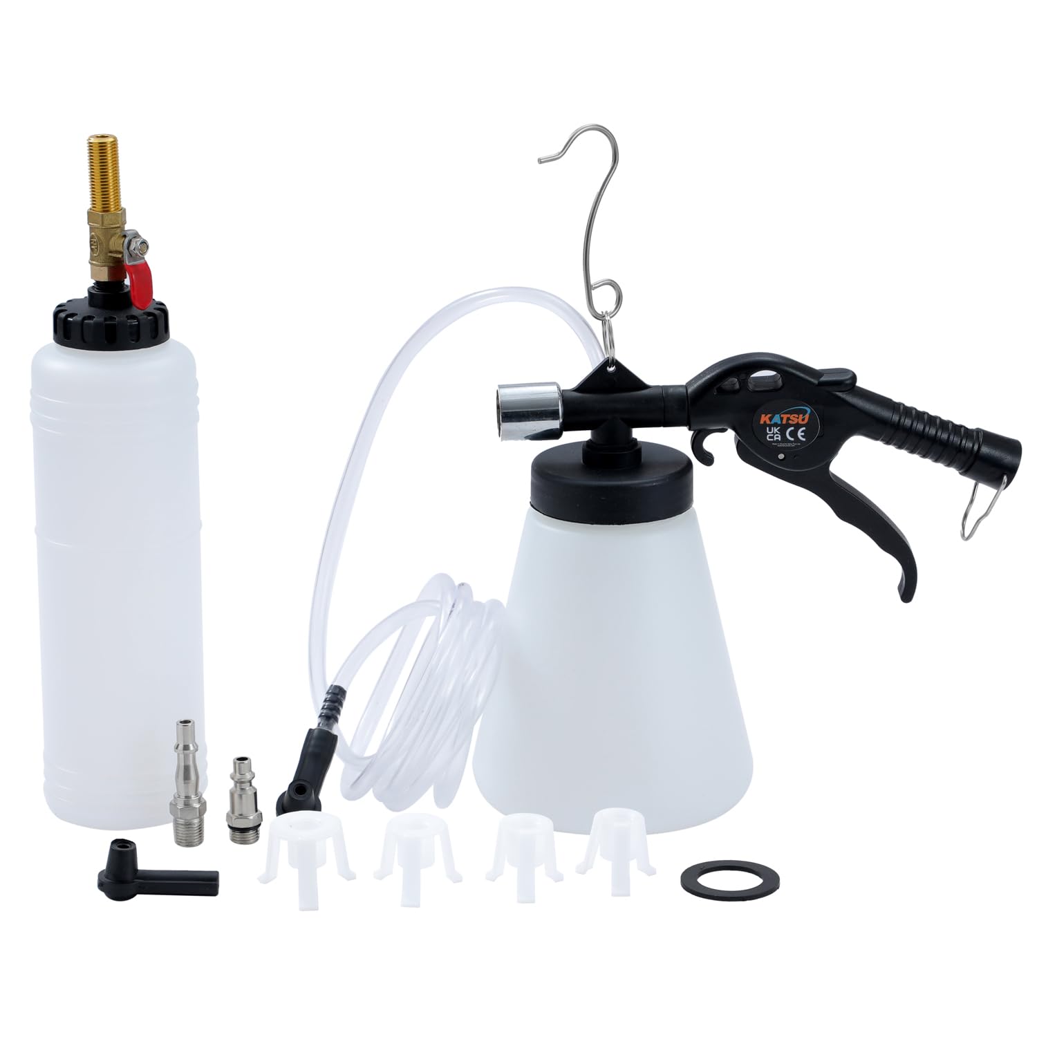 KATSU 1L Pneumatic Brake Fluid Bleeder Clutch Bleeding Toolkit with Auto Refill Bottle and Master Cylinder Adaptors, for Motorcycles Cars and Trucks 450834