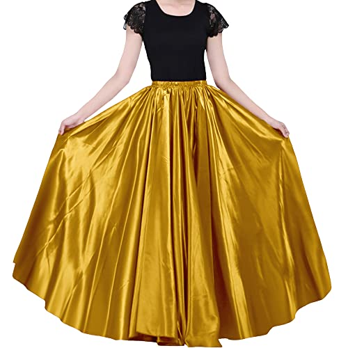 Ladies 90cm Satin Maxi Midi Skirt Long Dress Elastic Waist for Belly Dance Princess Party Cosplay Costume (deep Gold)