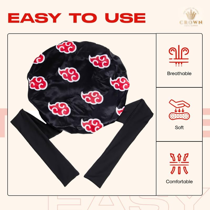 Non Slip Anime Bonnet with Tie Adjustable Women and Men Silky Bonnets for Sleeping Comfortable Satin Fabric, Akat