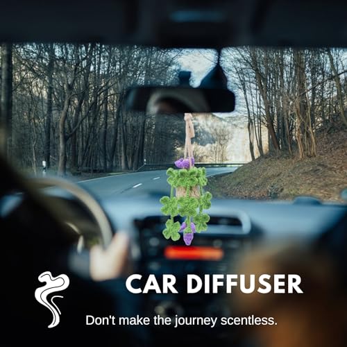 Image of ROFIGL Handmade Crochet Hanging Car Air Freshener - Lucky 4-Leaf Clover Charm with 12ml Refillable Glass Essential Oil Diffuser Bottle, St. Patrick's Day Car Accessories & Bedroom Lucky Decor