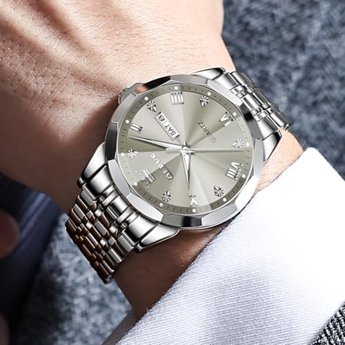 Image of OLEVS Watch for Men Diamond Business Dress Analog Quartz Stainless Steel Waterproof Luminous Date Two Tone Luxury Casual Wrist Watch Blue