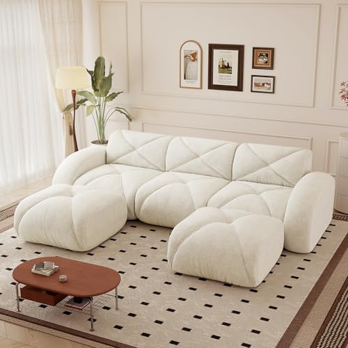 Canapé d'angle convertible moderne - 281 cm canapé d angle 5 places en U, revêtement chenille canapé modulable avec 2 poufs et accoudoirs incurvés, idéal pour le salon, aucun montage requis, Blanc