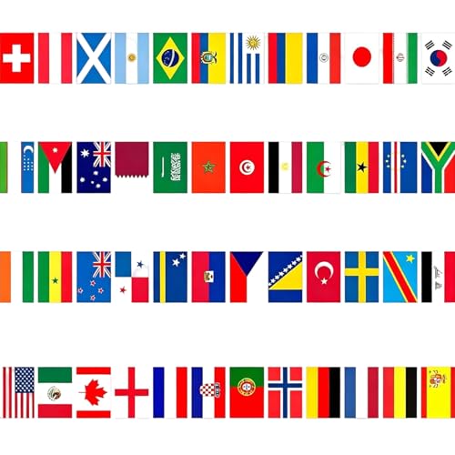 48 Länder Fahnen Wimpelkette für WM Deko 2026 Beidseitig Stoff Flaggenkette Banner Weltmeisterschaft Wimpelkette Fussball Wm 2026 Flaggen Girlande für Fussballfans Party Bar Garden Deko (14*21CM)