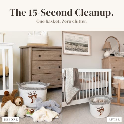 Image of Deer Baby Storage Basket, Woven Cotton Rope Nursery Bin, 15x11 in | Stuffed Animal and Blanket Storage, Soft Felt Deer Patch, Woodland Nursery Decor, Kids Playroom Organizer