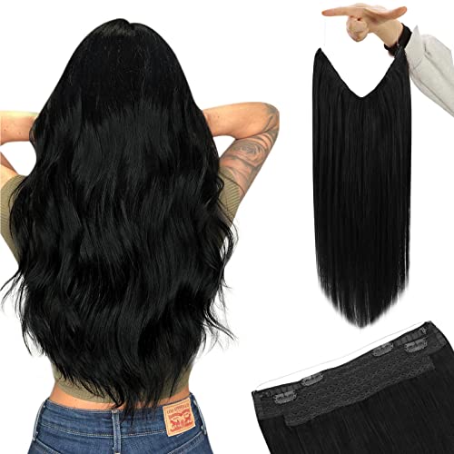 Image of YoungSee 140G Wire Hair Extensions Jet Black Hair Wire Long Black Fish Line Hair Extensions Human Hair Easy to Wear 24inch