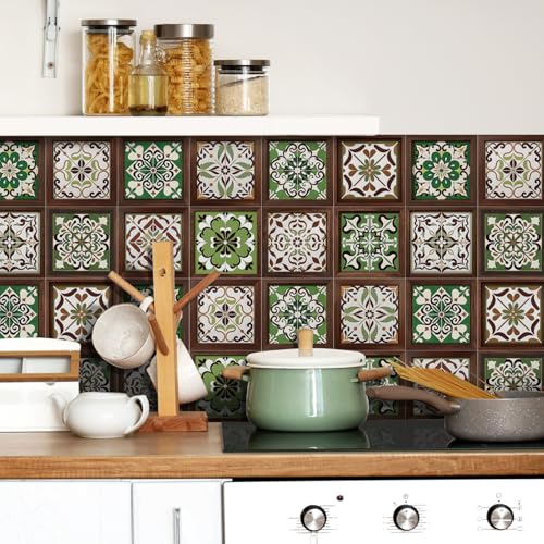 Azulejos Adhesivos Cocina Flores Verdes Impermeables Baño Azulejos, Diy Extraíble Vinilo Vinilo Pared Cocina