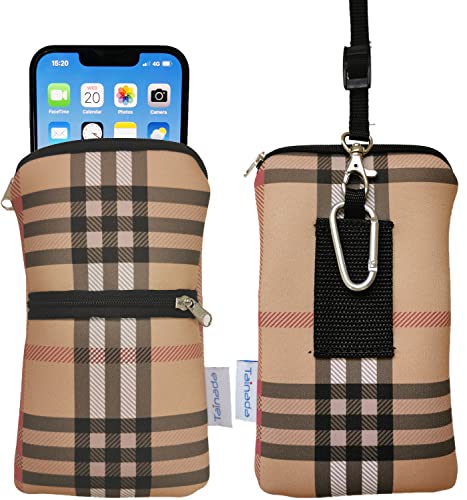 Tainada Men Women Phone Neoprene Shockproof Zippered Sleeve Case Bag Pouch with Clip Hook, Neck Lanyard, Belt Loop Holster for iPhone 16/15 Pro Max, 16/15 Plus, 16e ; Samsung S25+ (Camel Brown Plaid)