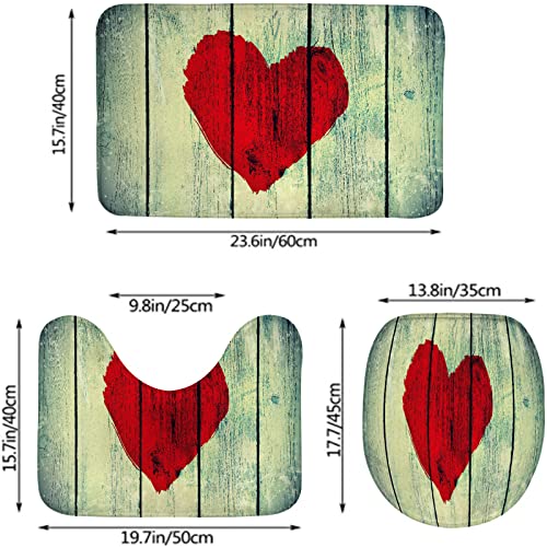 Badezimmerteppich-Set, 3-teilig, Herz auf rustikaler Holzwand gemalt, Romance Affection Pleasure, waschbare Badteppiche, rutschfest, mit Rückenpolster, Konturteppich und Toilettendeckelbezug – Bild 3