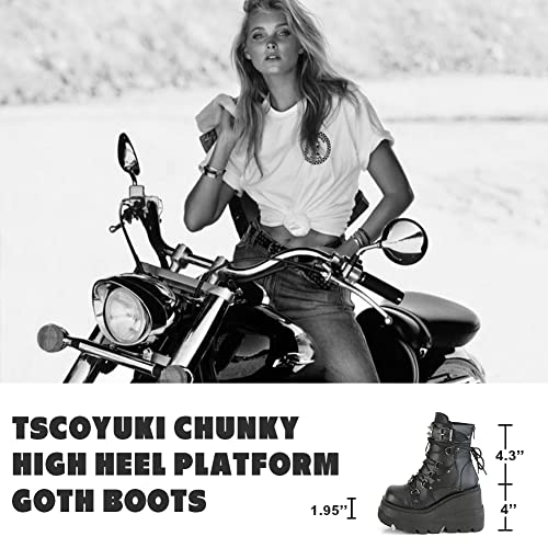 Tscoyuki Platform Ankle Boots for Women Chunky High Heel Booties Gothic Round Toe Combat Boots Women Lace Up Motorcycle Wedges