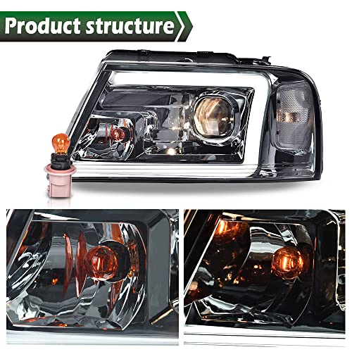Image of GRAND ORANGE LED DRL Headlights Assembly Compatible with 2006-2008 Lincoln Mark Bumper Headlamp /Fits Ford F150 2004-2008 （Halogen Smoke Lens Chrome Houing Clear Reflector） 7L3Z13008FA 7L3Z13008CA