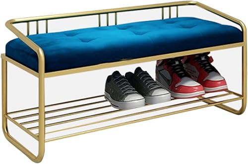 Banco de zapatos de 2 niveles con marco de metal, banco de almacenamiento de zapatos para entrada, pasillo, sala de estar (color azul, tamaño 31.5 x