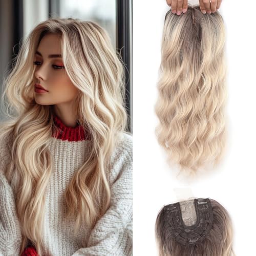 Lumhun 18Inch Hair Toppers for Women with Thinning Hair, Heat Resistant Fibre Synthetic 6.5' x 6.5' Base, Curly Wavy Topper for Women(Ombre Light Brown to Blonde)