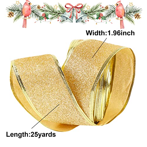 Gold Ribbon Christmas Wrapping Ribbon Glitter Wired Ribbon,2"X25 Yards Glitter Wide Ribbon Swirl Metallic Wired Edge Ribbon,Curling Wired Shimmer For Home Decor,Gift Wrapping,Diy Crafts #TOP1