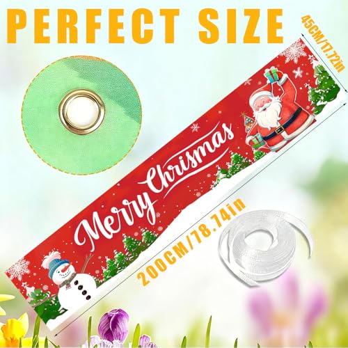 Image of Snowman and Santa Outdoor Banner 78.7 x 17.7 Inch Red Background with Snowflakes and Christmas Trees Festive Holiday Decoration for Yard Garden Fence Porch or Patio Display