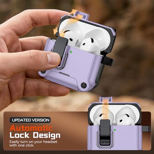 Image of Inesore for AirPods 4 Case with Secure Lock (Purple) | Phone Stand Design,Compatible with MagSafe,Automatic Snap Switch Secure Cover with Cleaner Kit & Keychain