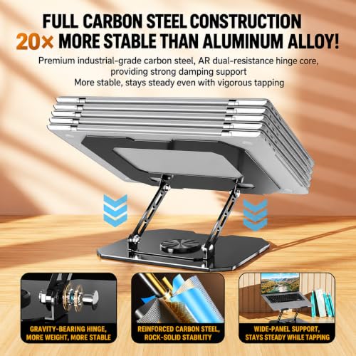 Image of 360 Rotating Aluminium Laptop Stand, Adjustable Ergonomic Laptop Riser with Swivel Base, Foldable Ventilated Desk Stand Compatible with All Laptops up to 17.3 Inches - Silver