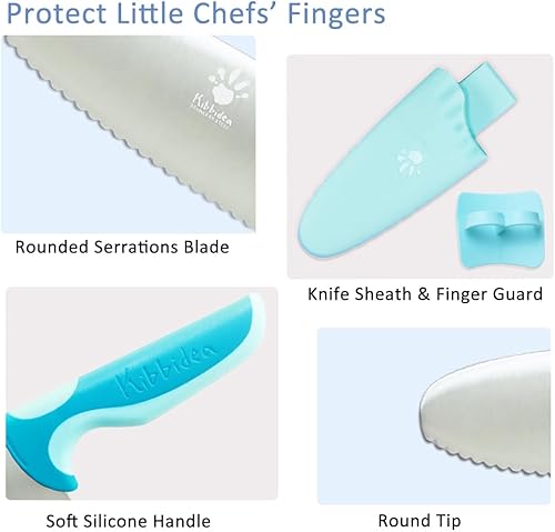 Miniatura 5 de Kibbidea Juego de cuchillos para niños, 4 cuchillos de cocina seguros para niños, punta redonda, sin BPA, acero inoxidable, azul