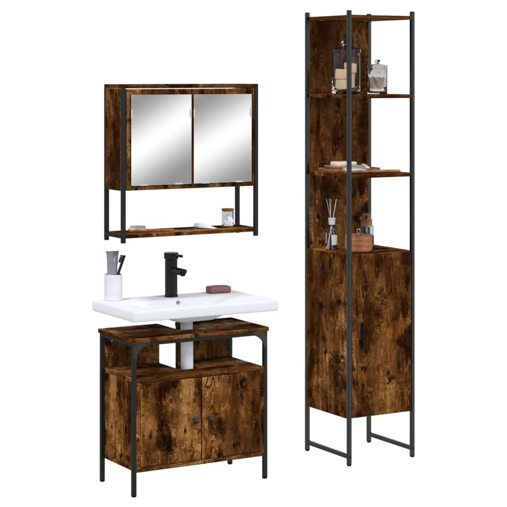 Sufrk 3214677 3-Piece Bathroom Furniture Set Smoked Oak Wood Material