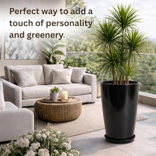 Image of Urban Upvan 18 Inch Solid Black Tower Pot with Tray - Large Round Planter for Indoor & Outdoor Plants, Durable Decorative Plant Container (Pack of 1)