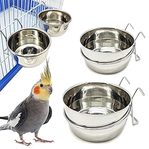 7x4cm 2x Edelstahl-Napf mit Ring zum Einh&auml;ngen, Vogelk&auml;fig-Set | Vogel-Futtern&auml;pfe