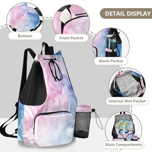 OTVEE Drawstring Backpack for Women Men Gym Sport Cinch String Bag Blue Pink Marble Print Beach Swim Sack with Water Bottle Pocket & Inside Waterproof Wet Pocket2