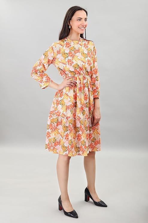 Image of A-Line Floral Printed Fit & Flared Western Brown Dress for Women | One Piece Midi Dress for Women Stylish Western Printed Dresses