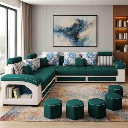 Image of Casaliving Yamir Modern U-Shaped Sectional Sofa Set with Storage, 9 Seater, Sofa Couch with 4 Puffy for Hall Guest Room (Pine & Grey) Premium Fabric Sofa Set