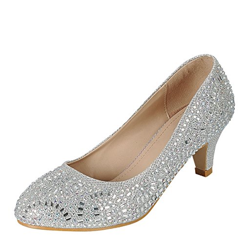 Forever Link Jemma-31 Womens Kitten Heel Jeweled Rhinestone Slide Slip On Pump Shoes,Silver,8