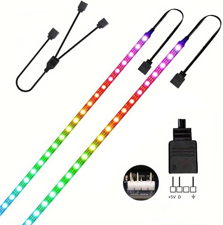 Tira de luz RGB para carcasa de PC, 2 x 19.7 pulgadas, 60 LED, tira LED direccionable para placa base, 5 V, 3 pines, funda de juegos, iluminación de