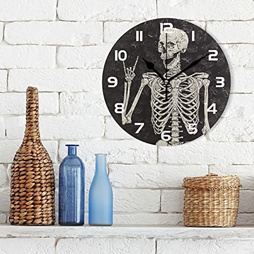 Human Skeleton Skull Wall Clock Silent Non-Ticking,Gothic Halloween 9.5 Inch Round Wall Clock Battery Operated Clock Decor For Home Wall Bathroom Kitchen Bedroom Living Room Office Classroom Patio #TOP1