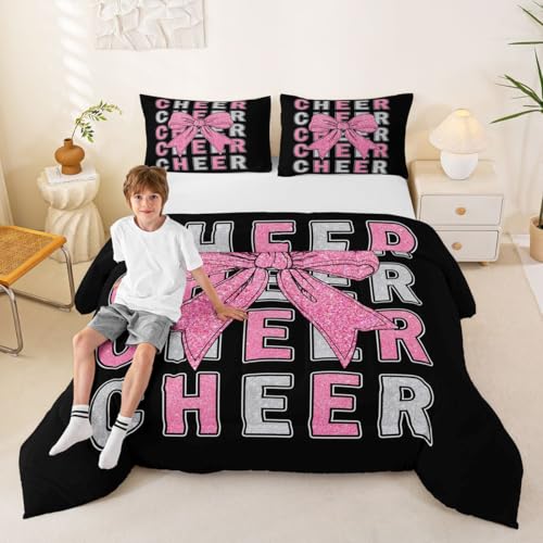 Image of Feelyou Pink Bowknot Cheer Comforter Set All Season Cheerleading Bedding Set with 1 Pillow Cases Glitter Cheerleader Microfiber Kids Twin Bedclothes Cheer Bow Bedroom Decor Duvet Quilt Soft