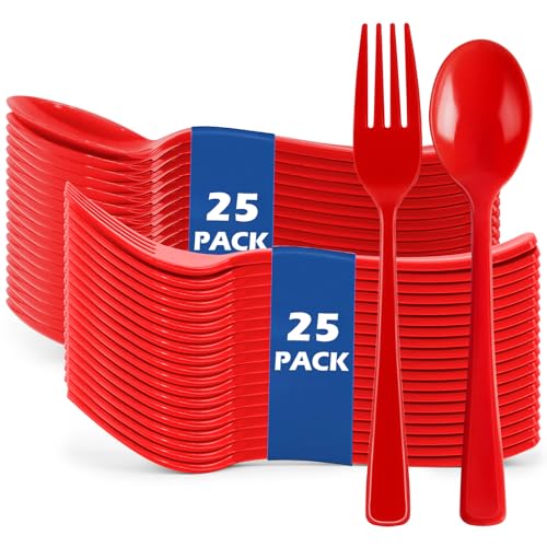 ZLMTZDJD 50 Count Red Disposable Plastic Forks and Spoons Set Heavy Duty Cutlery for Party Wedding Birthday Picnic Camping Durable Silverware Utensils