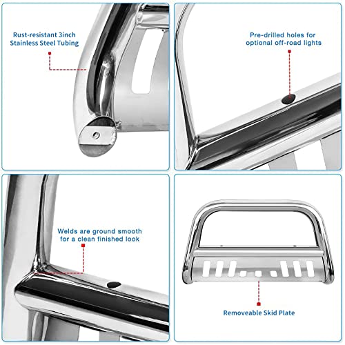 Autosaver88 Bull Bar Compatible For 2004-2023 Ford F150/2003-2014 Navigator Stainless Chrome Bull Bar 3" Push Front Bumper Grill Grille Guard With Skid Plate #TOP1