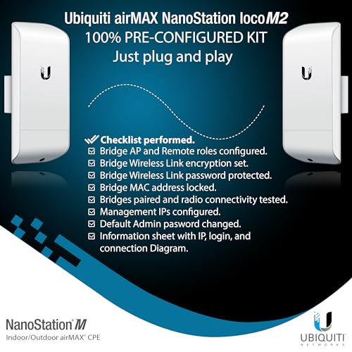 Wireless Bridge Ubiquiti LOCOM2 PRE-CONFIGURADO, Paquete de 2 Ubiquiti Nanostation LOCO M2, Puente WiFi exterior Punto a Punto, Plug and Play 2.4GHz, 150+Mbps, Alcance link 10+km, Puente de red miniatura 6