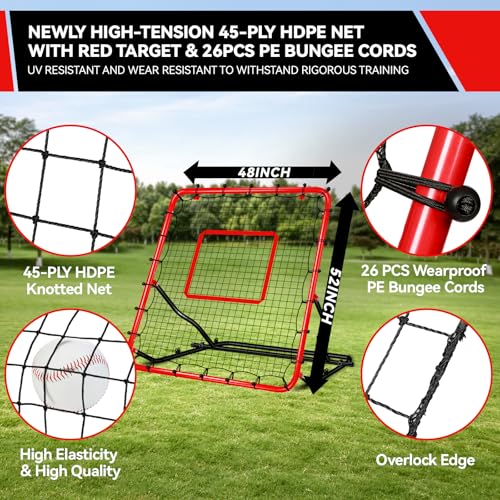 image for PUULIVEE 48x52inch Baseball Rebounder Anti-UV 3 Adjustable Angles Fiel