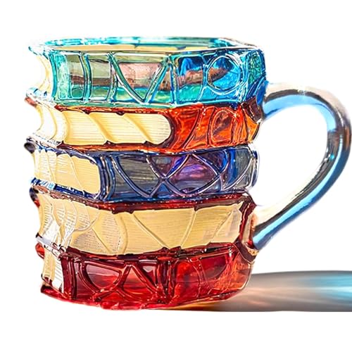 TOPORNEE Handmade Painted Book Coffee Mug, 7 oz Glass Cup, Stacked Books Design with Colored Handle, Gift for Readers and Book Lovers (Colorful, Small)