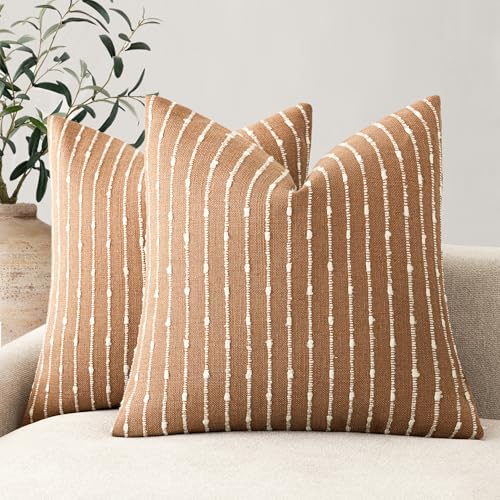 Image of Foindtower Pack of 2 Decorative Jacquard Boucle Throw Pillow Covers Accent Textured Striped Pillowcases Soft Boho Modern Cushion for Couch Sofa Bedroom Living Room Home Decor 20x20 Inch Rust Tobacco