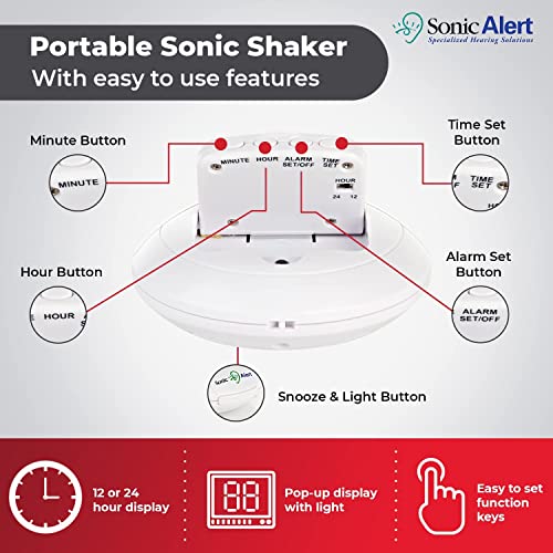 Sonic Alert Digital Alarm Clock - Travel Alarm Clock For Heavy Sleepers - Bed Shaker Alarm Clock - Vibrating Alarm Clock Under Pillow - Battery Operated – White #TOP3