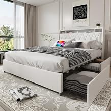 Queen Bed Frame with Storage Drawers,Faux Leather Bed Frame Queen Size with Headboard,Metal Platform Bed Frame with Charger & Built-in Outlets,Noise-Free, No Box Spring Needed White, Queen Size