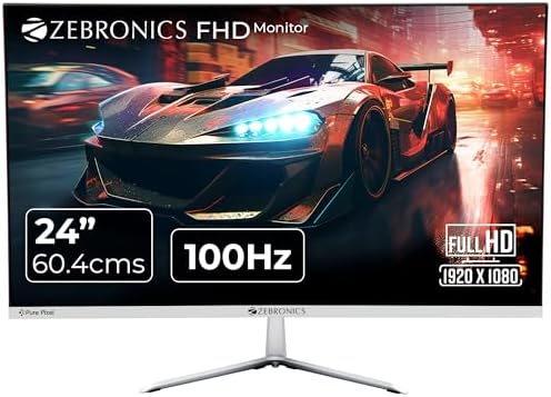 ZEBRONICS A24FHD LED Monitor, 24 inch (60.96cm), 250 nits, 100Hz, Slim Design, FHD, 1080p, Wall Mountable, HDMI, VGA, Ultra Slim Bezel, Metal Stand, Built-in Speakers