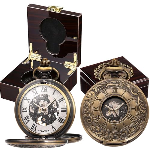 Image of ManChDa Mechanical Roman Numerals Dial Skeleton Pocket Watches with Luxury Wooden Box and Chains for Mens Women