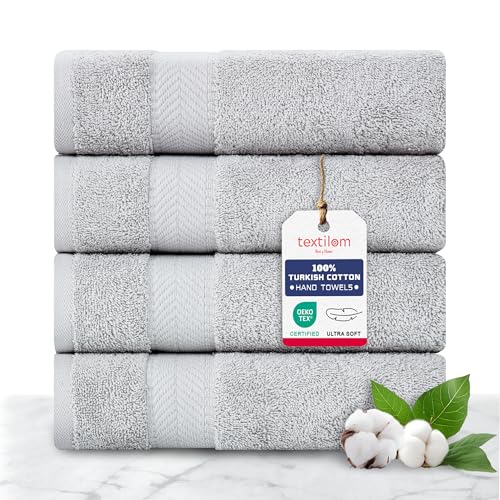 TEXTILOM 100% Turkish Cotton 4 Pcs Hand Towel Set, Luxury Hand Towels for Bathroom, Soft & Absorbent Bathroom Hand Towels Set (16 x 28 inches)- Light Grey