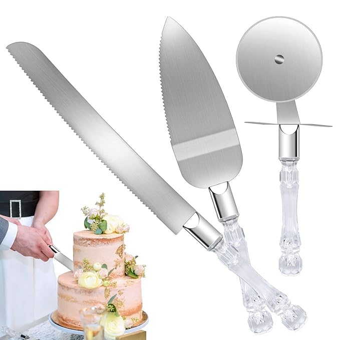 AAMATY Wedding & Birthday Cake Knife and Server Set – 3-Piece Stainless Steel Slicer & Cutter | Acrylic Handle | Perfect for Cake, Pizza, Pie & Desserts | Elegant Serving & Decorating Tools