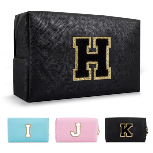 Personalized Initial A-Z Preppy Patch Makeup Bag,Small PU Chenille Letter Cosmetic Bag with Zipper for Teen Girls,Black Cute Toiletry Organizer Bag,Monogram Makeup Case Gift for Women Girls,Letter H