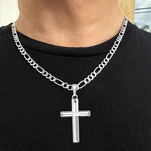 Mens Sterling Silver Cross Pendant Italian Figaro Chain Necklace2