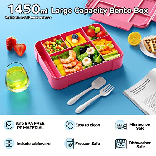 Jelife Kids Bento Box Lunch Box - 1450ml Leakproof 6 Compartments Bento Lunchbox Kids Lunch Boxes with Food Utensils for Back to School, Book-Style Lunch Snack Containers for Toddler Daycare, Pink - Image 3